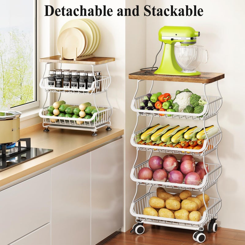 SAYZH Fruit Basket for Kitchen with Wood Top 5 Tier, Stackable Fruit and Vegetable Storage Cart, Wire Storage Basket with Wheels, Vegetable Basket Bins Rack for Onions and Potatoes, White - Image 3